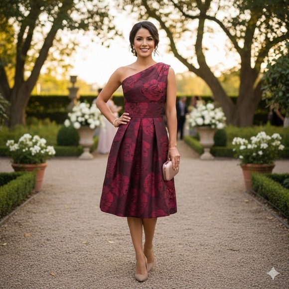 ALFRED SUNG Dresses & Skirts - Alfred Sung Red‎ Floral One Shoulder Damask Cocktail Dress Size 6 A Line Party